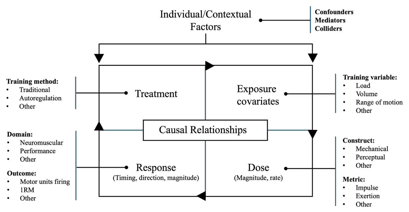 Treatment-exposure-dose-response relationship framework: treatment shapes exposure, which determines dose, which produces response, all shaped by individual and contextual factors.